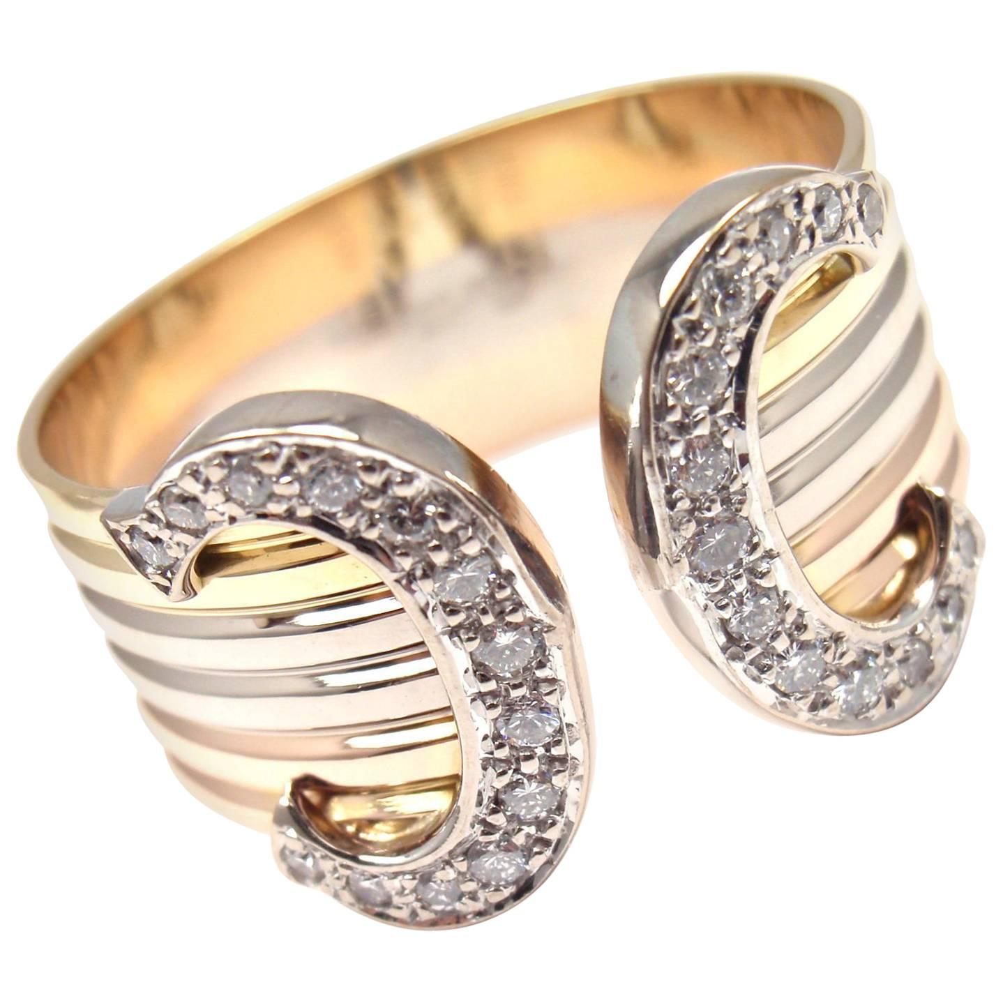 Cartier Double C Diamond Tricolor Gold Band Ring