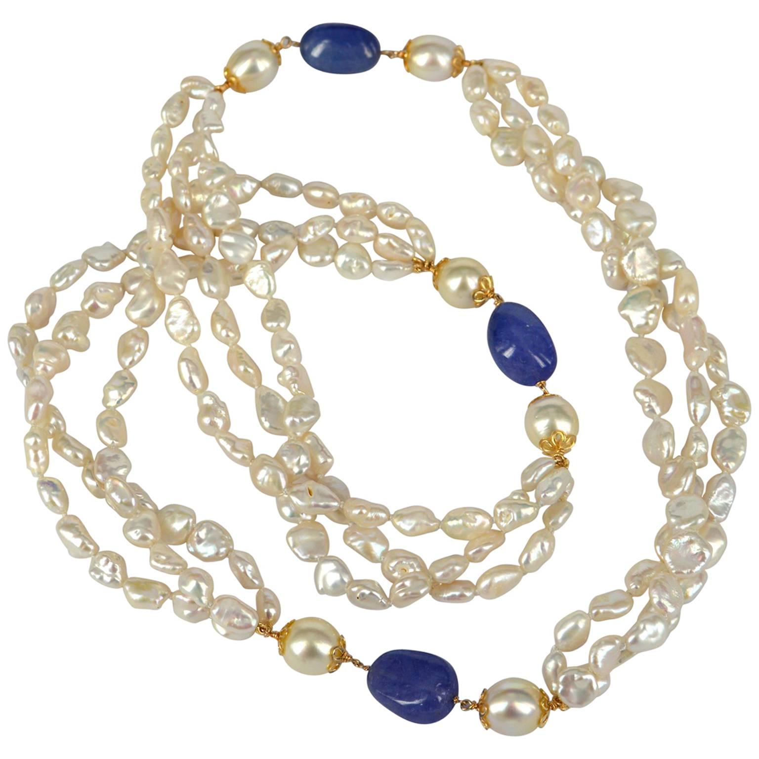 Decadent Jewels South Sea Pearl Keshi Pearl Tanzanite Gold Long Necklace