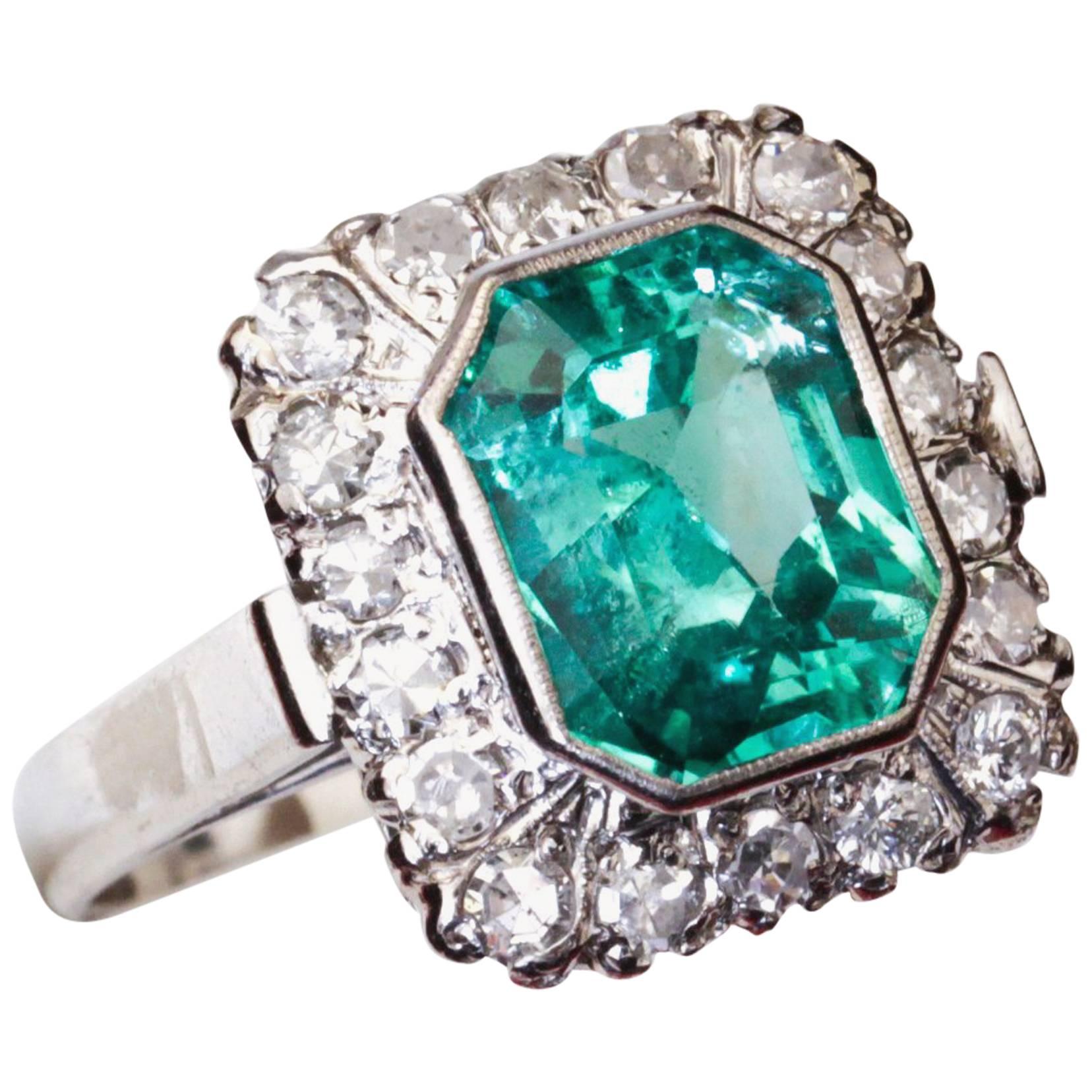 Square Emerald Diamond White Gold Cocktail Ring For Sale