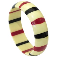 Vintage Red Navy and Ivory Striped Bakelite Bangle Bracelet