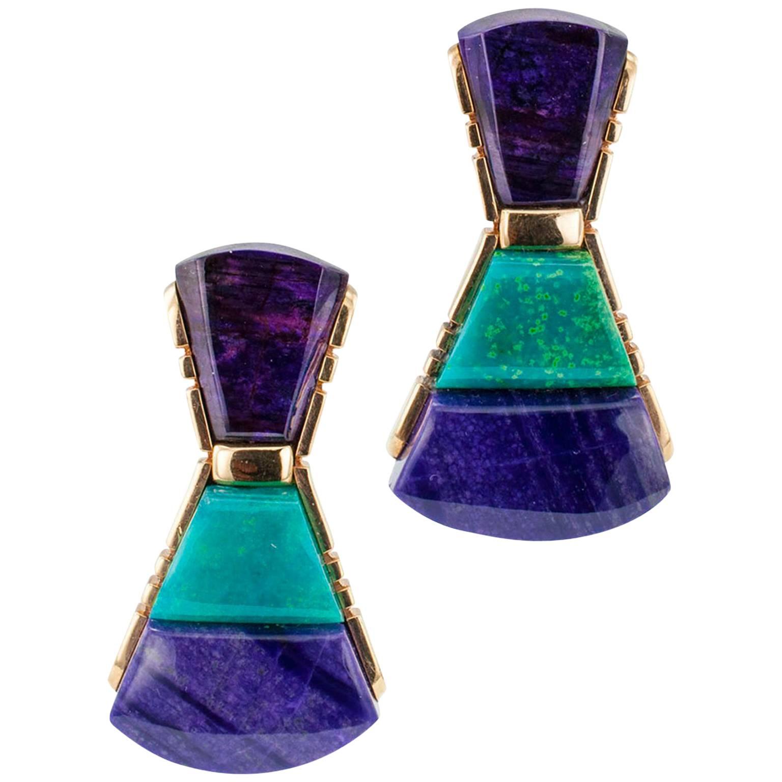 Chrysocola Sugilite Gold Earrings by Raoul Sosa