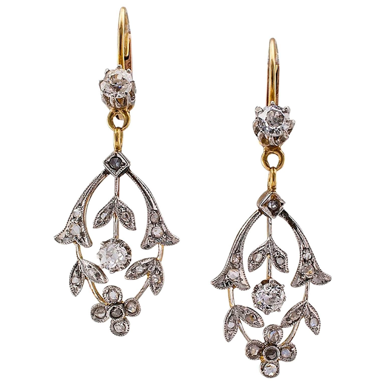 Edwardian 1910 Diamond Gold Platinum Pendent Earrings