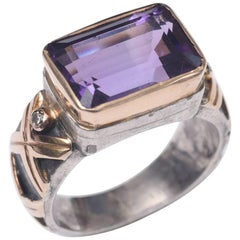 Emerald Cut Amethyst and Diamond Gold Ring