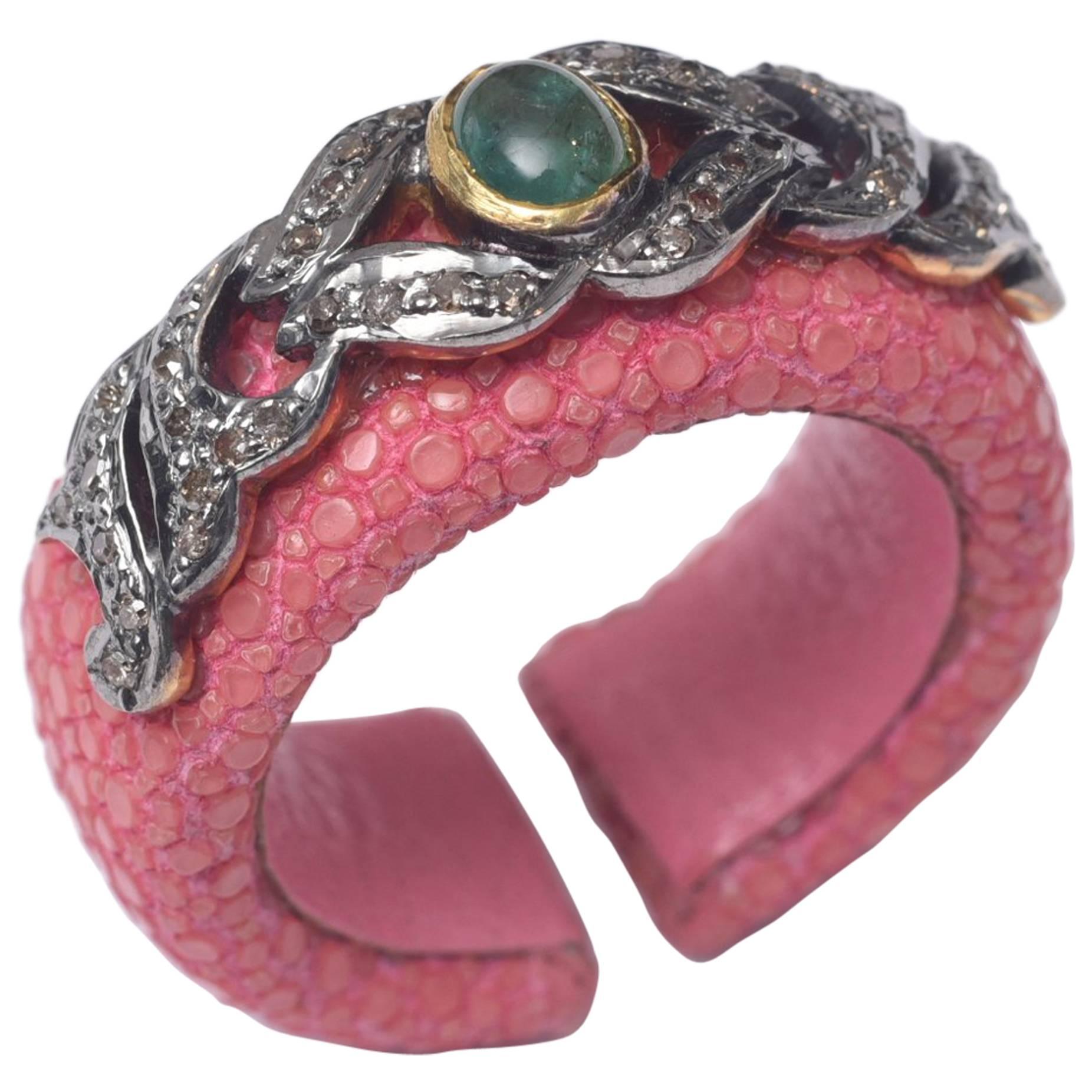 Diamonds and Emerald on Pink Shagreen ‘Sting Ray’ Ring