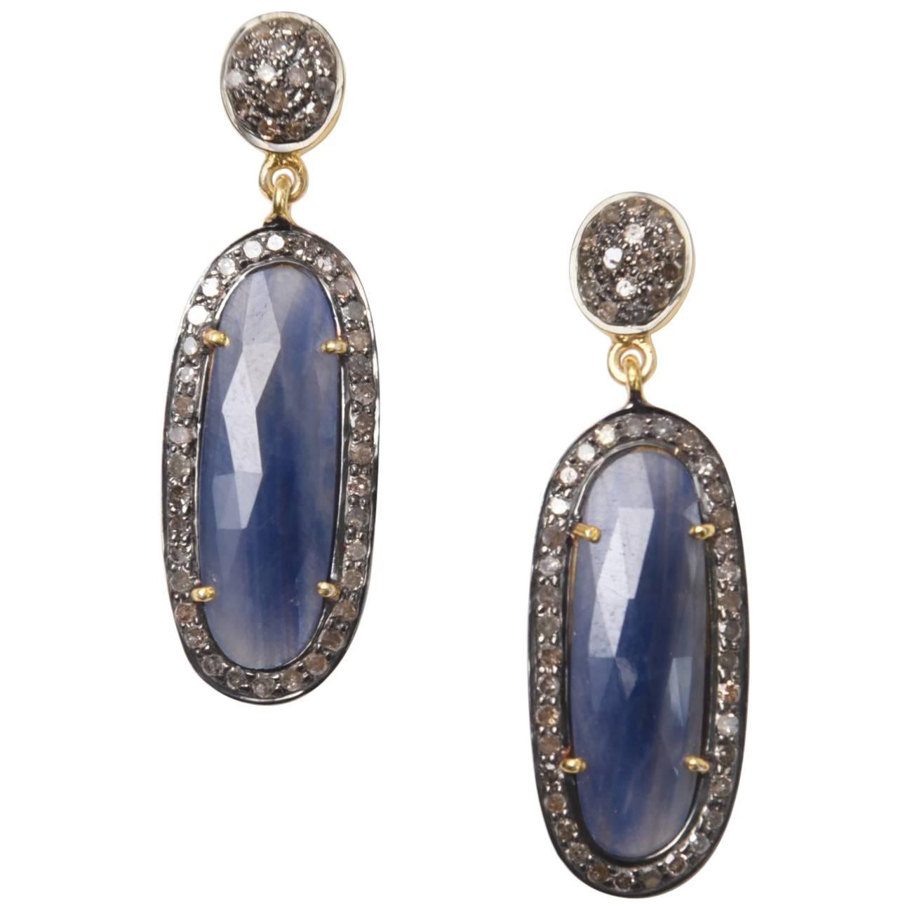 Rosecut Blue Sapphire and Diamond Earrings