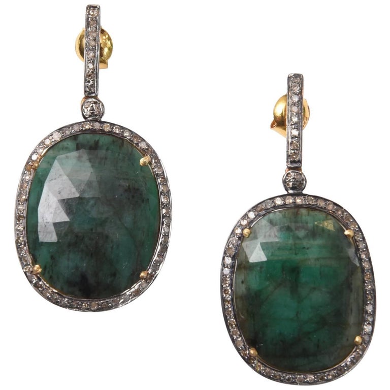 Amazing Faux Diamond Large Cabochon Emerald Drop Earrings at 1stdibs