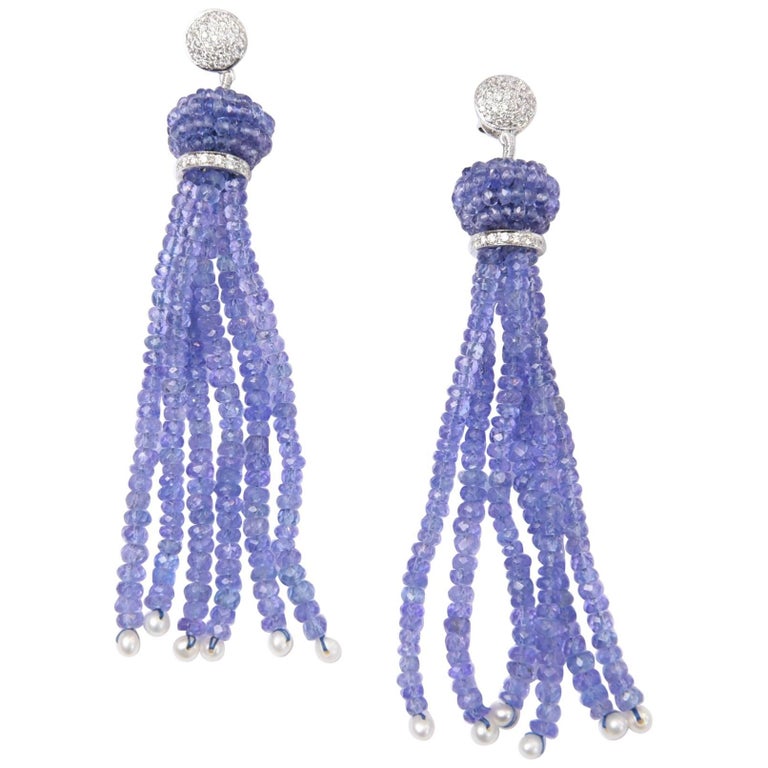 Tanzanite and Diamond Tassel Earrings with 18 Karat White Gold at 1stDibs