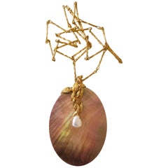 Gilbert Albert Gold Necklace with Abalone Shell and Keshi Pearl, 1970s
