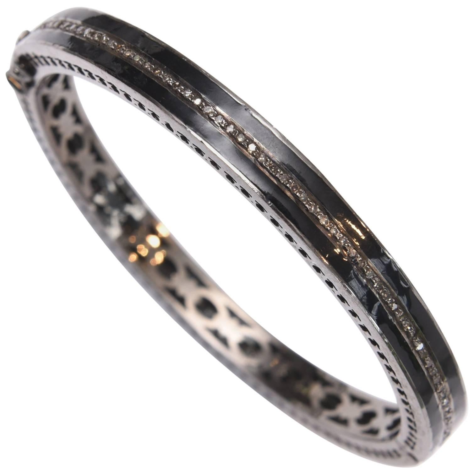 Black Enamel and Diamond Bangle