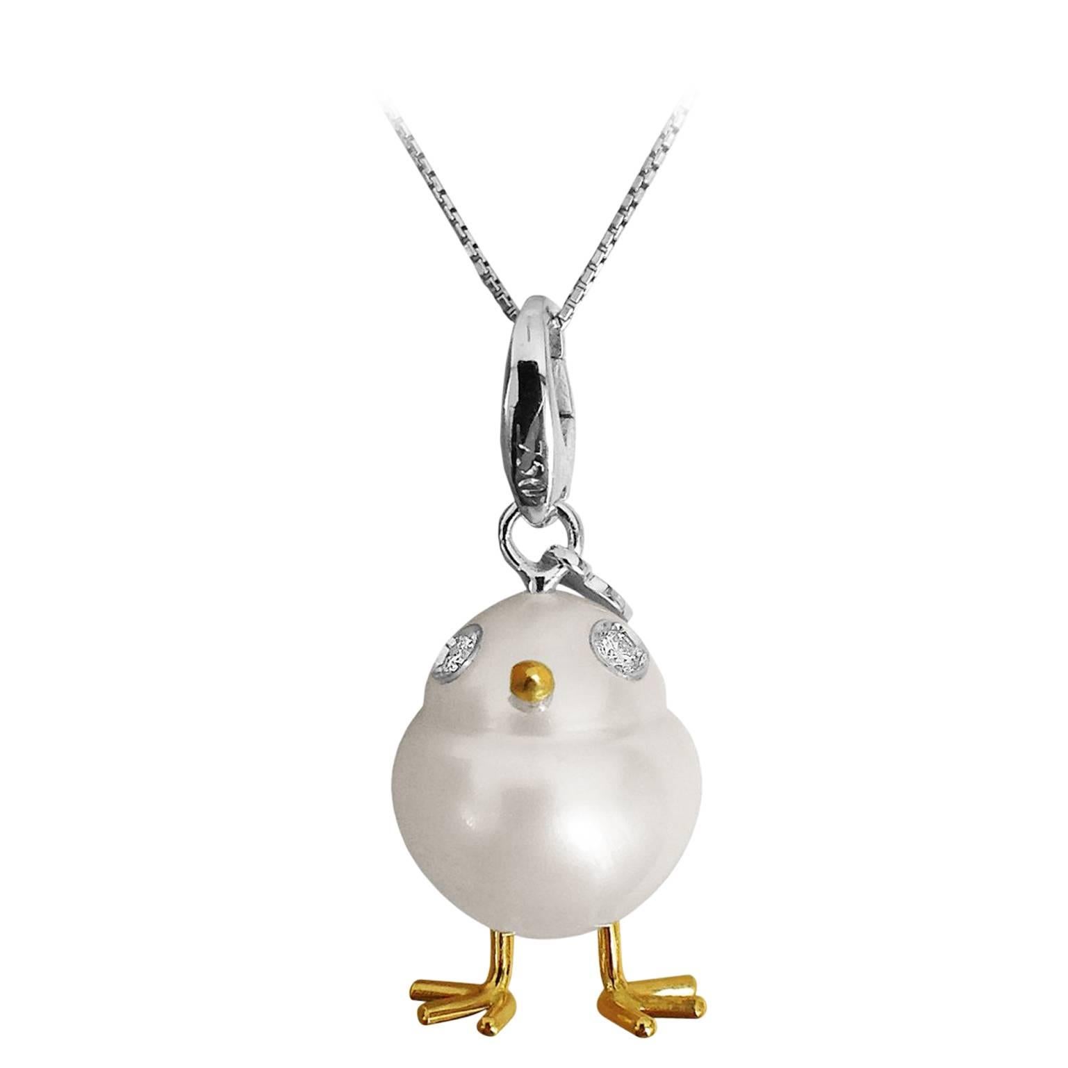 Baby Chick Australian Pearl White Diamond Yellow Gold Pendant/Necklace or Charm