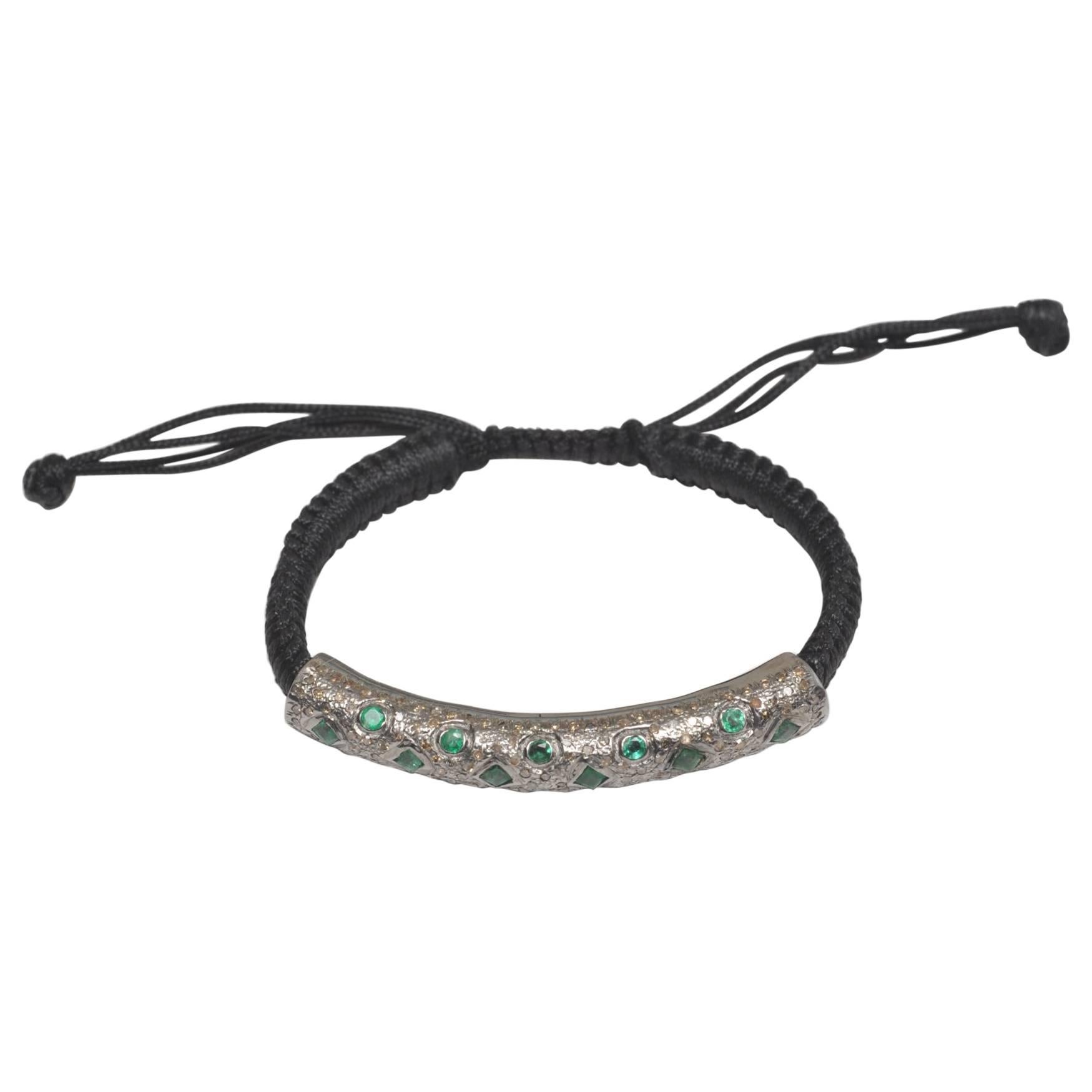 Diamond and Emerald Adjustable Woven Cotton Bracelet