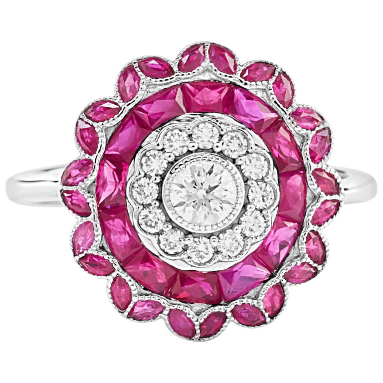 Burmese Ruby and Diamond Flower Cluster Ring For Sale at 1stDibs
