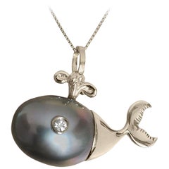 White Diamond Tahiti Pearl Gold Whale Pendant