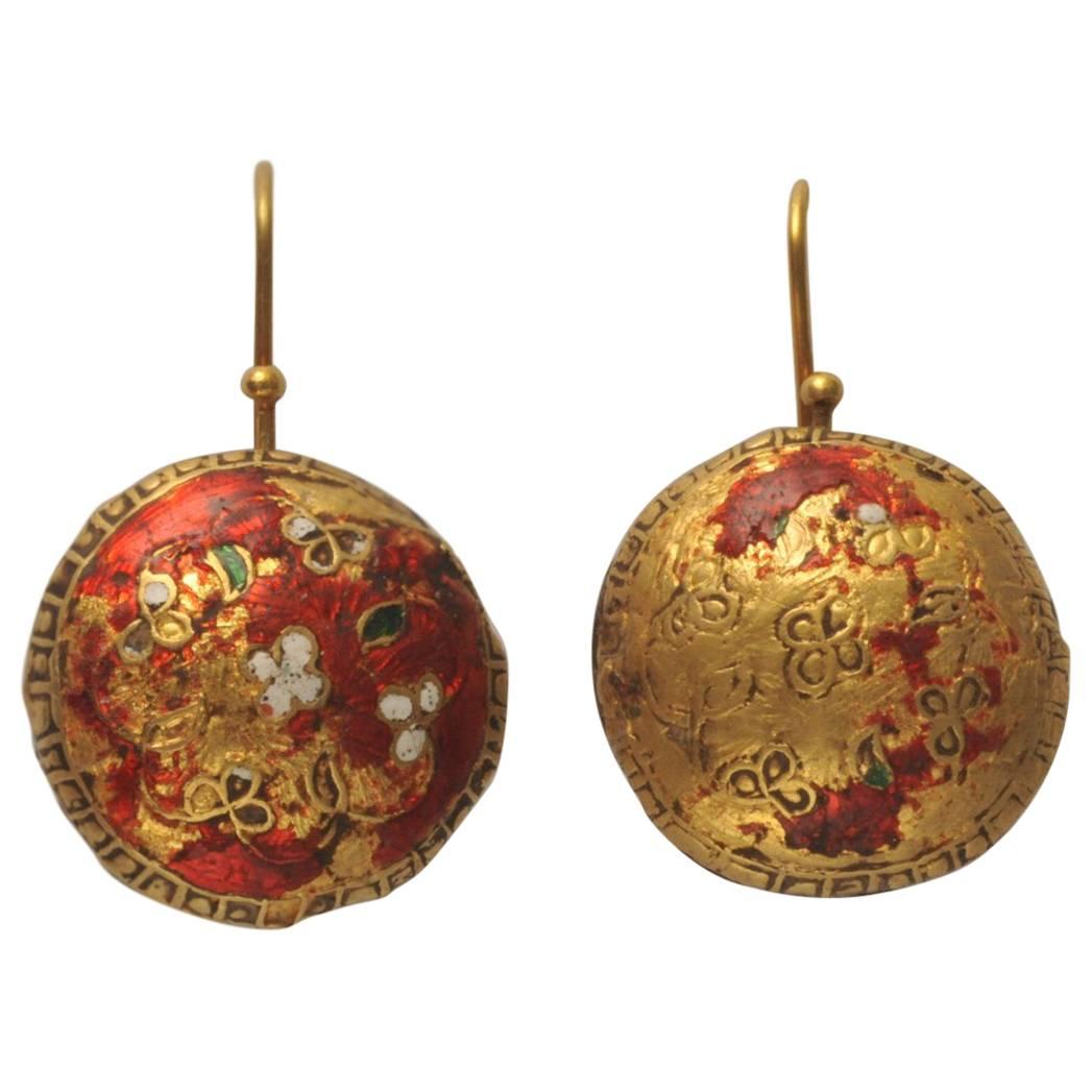 Rare Late 19th Century Enamel and 2 Karat Gold Earrings