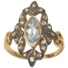 Retro Marquise Cut Aquamarine with Pave` Set Diamonds