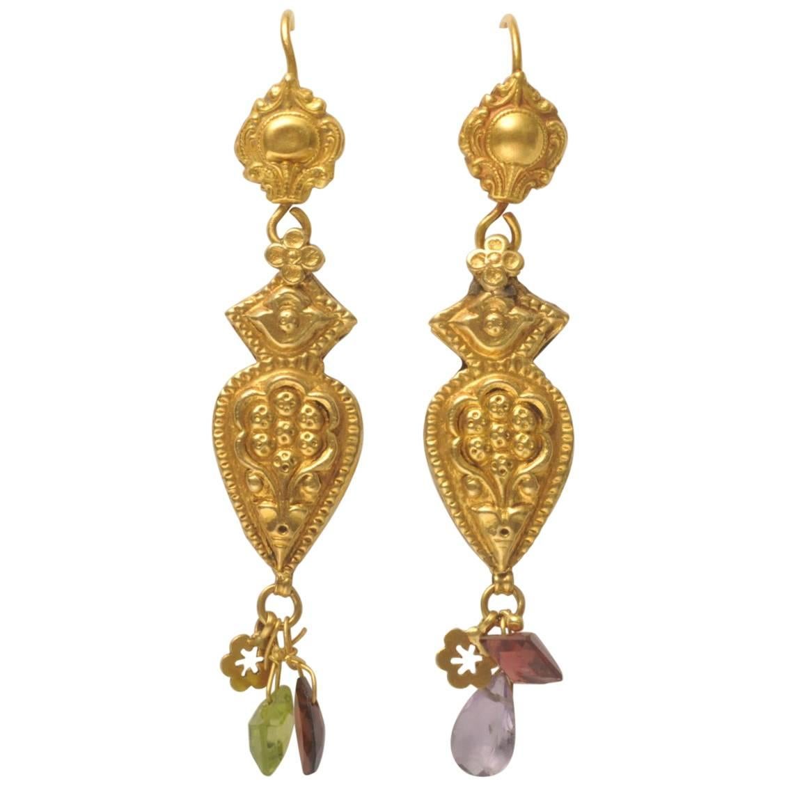 22 Karat Gold Embossed Earrings with Faceted Semi-Precious Drops