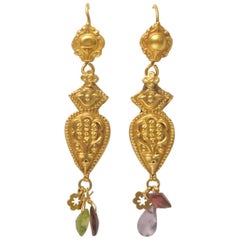 Vintage 22 Karat Gold Embossed Earrings with Faceted Semi-Precious Drops