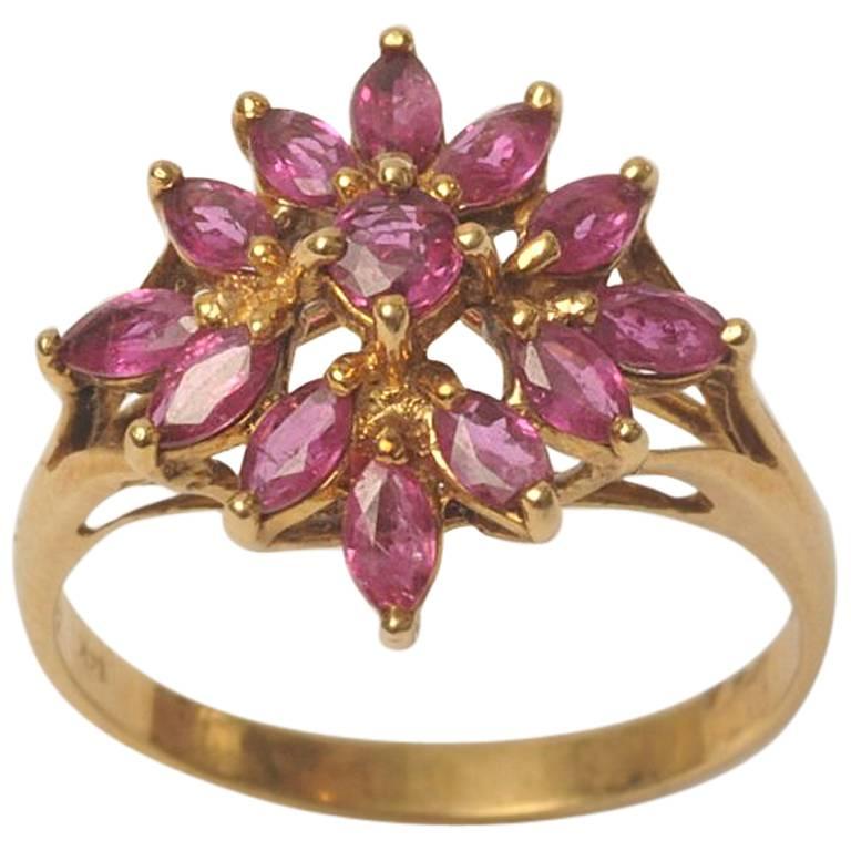 Burmese Marquise Cut Rubies and 18 Karat Gold Flower Ring