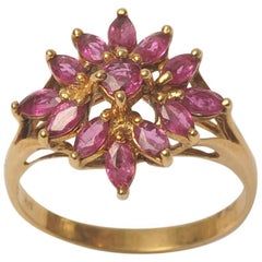 Vintage Burmese Marquise Cut Rubies and 18 Karat Gold Flower Ring