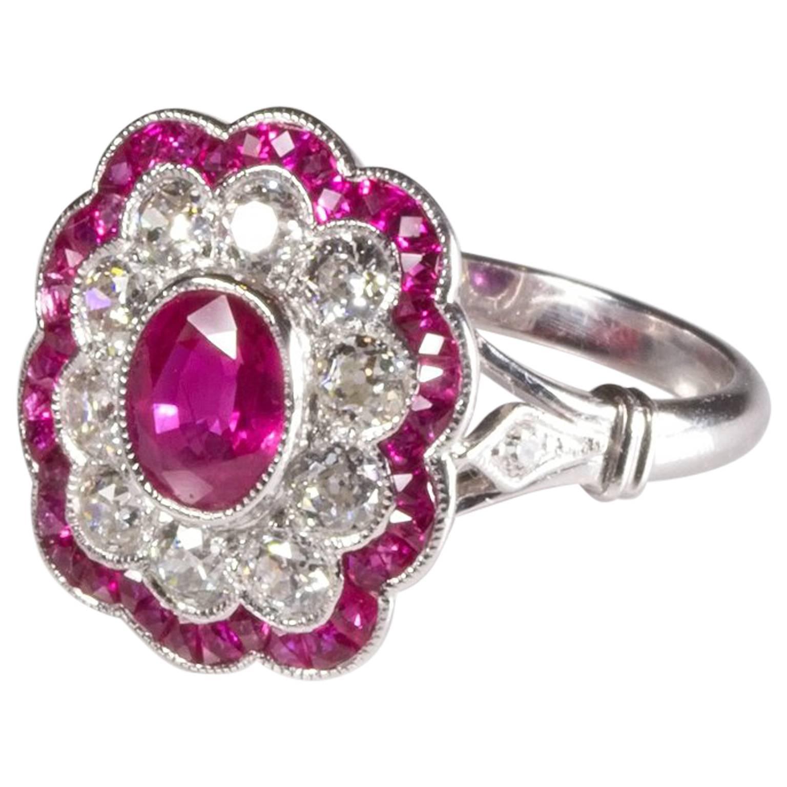 Ruby Diamond Cluster Ring For Sale