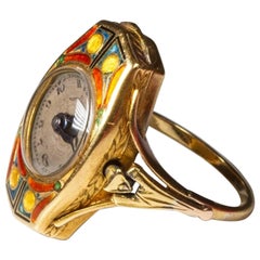 Antique Art Deco Gold Enamel Lusina Watch Ring