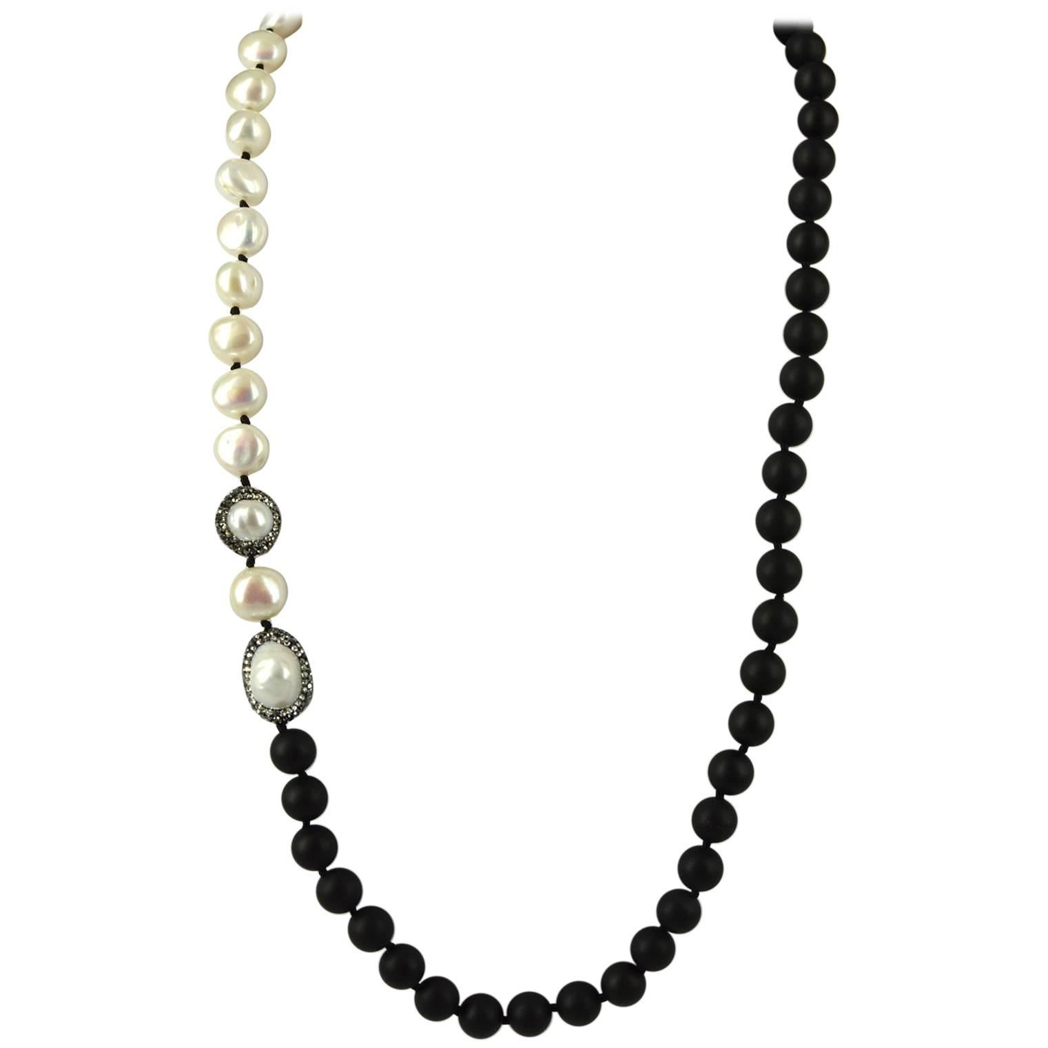 Decadent Jewels Matt Onyx Pearl Black and White Silver Necklace