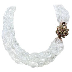 Rock Crystal Multi Strands and Multicolored Sapphires Gold Necklace