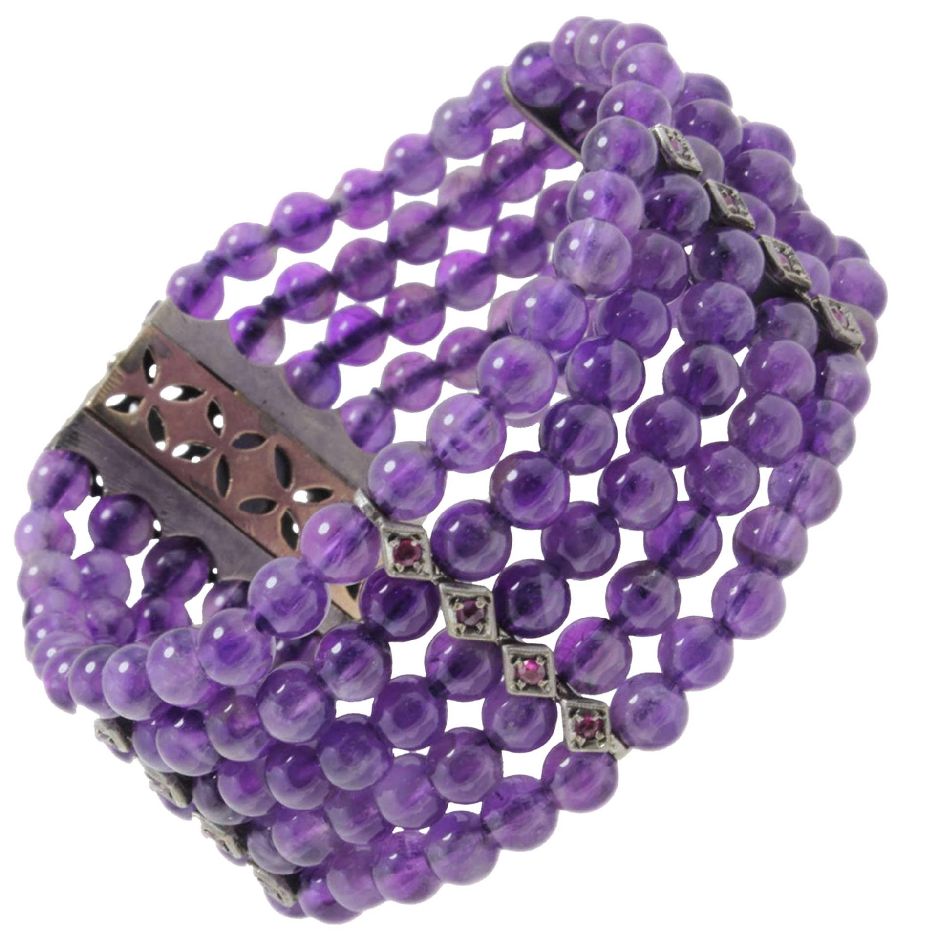  Amethyst Beads Diamonds Rubies and Gold Bracelet For Sale