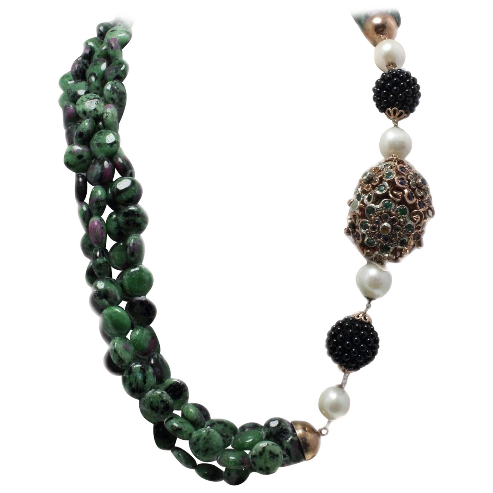  Gold Silver Sapphires Onyx Zoisite with Rubies and Pearl Necklace