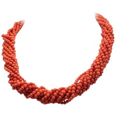  Multi Twisted Natural Coral Beaded Choker Necklace and Gold Clasp