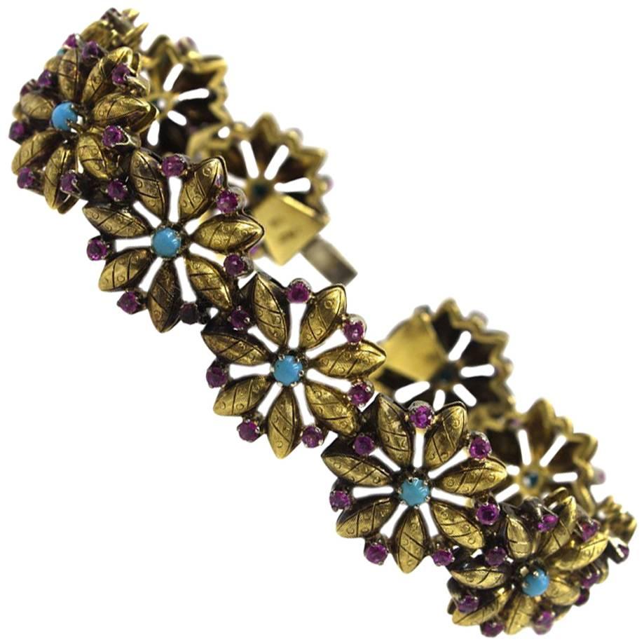 Italian 18 Karat Yellow Gold Turquoise Ruby Floral Link Bracelet