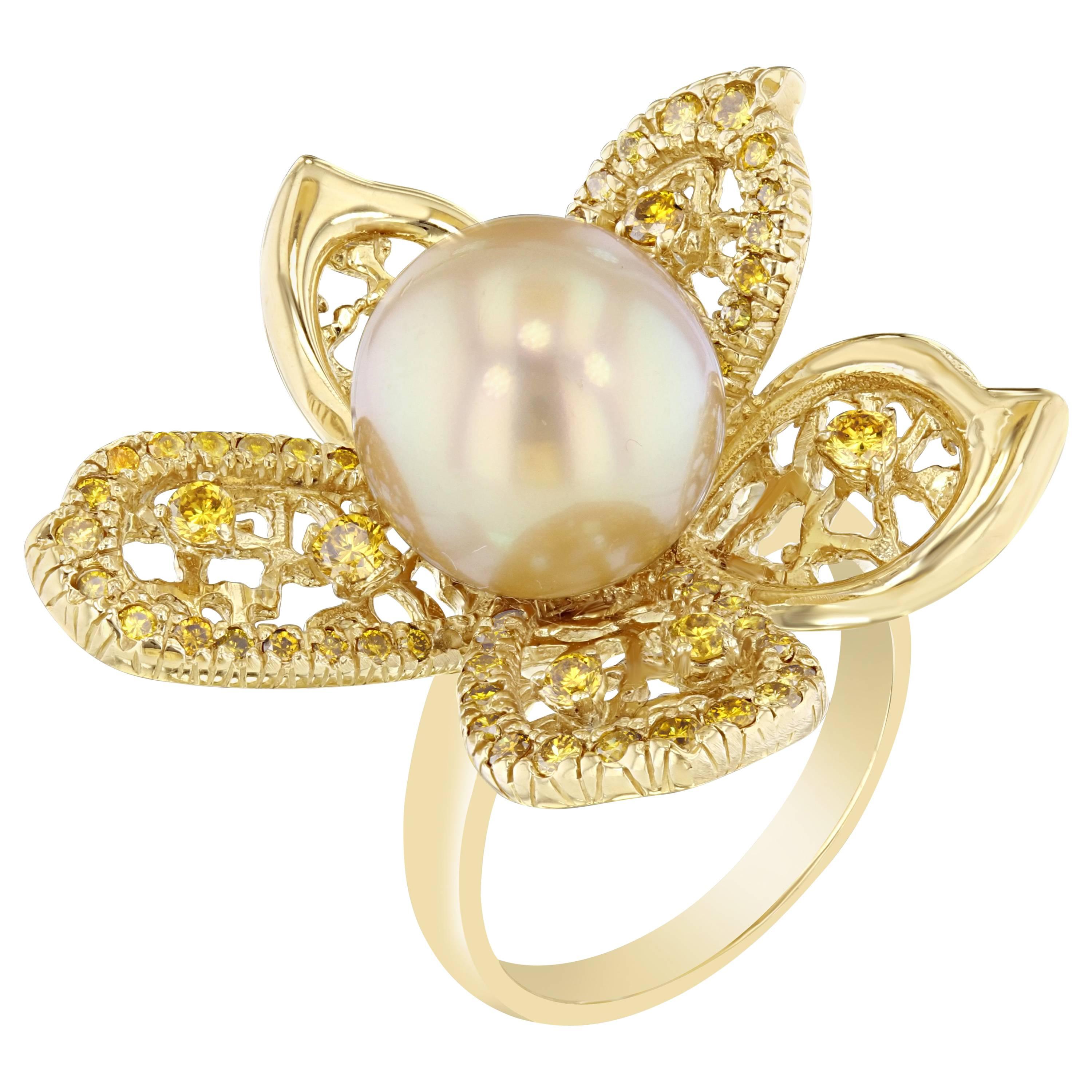 Golden South Sea Pearl Yellow Diamond Cocktail Ring