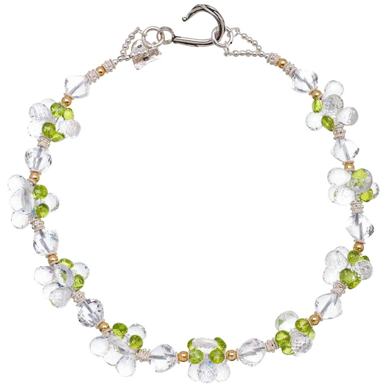 Crystal Quartz Peridot Sterling Silver Gold Necklace For Sale