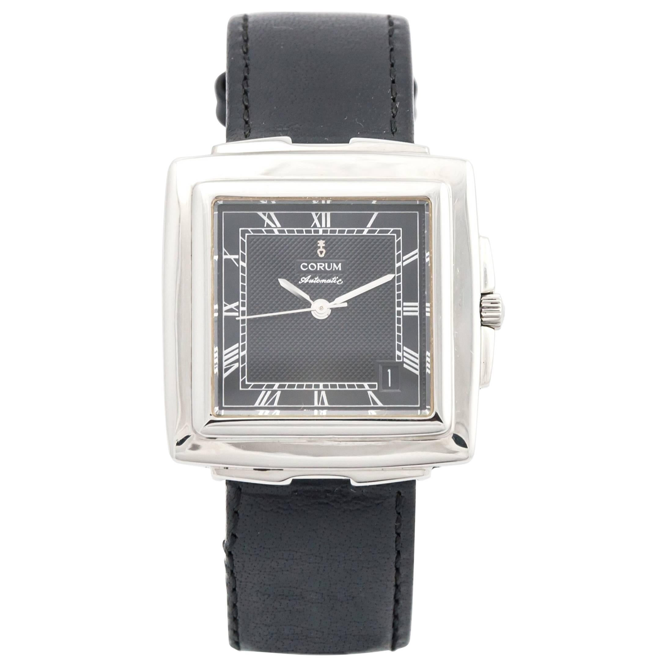 Corum Steel Quadratus Leather Strap Wristwatch