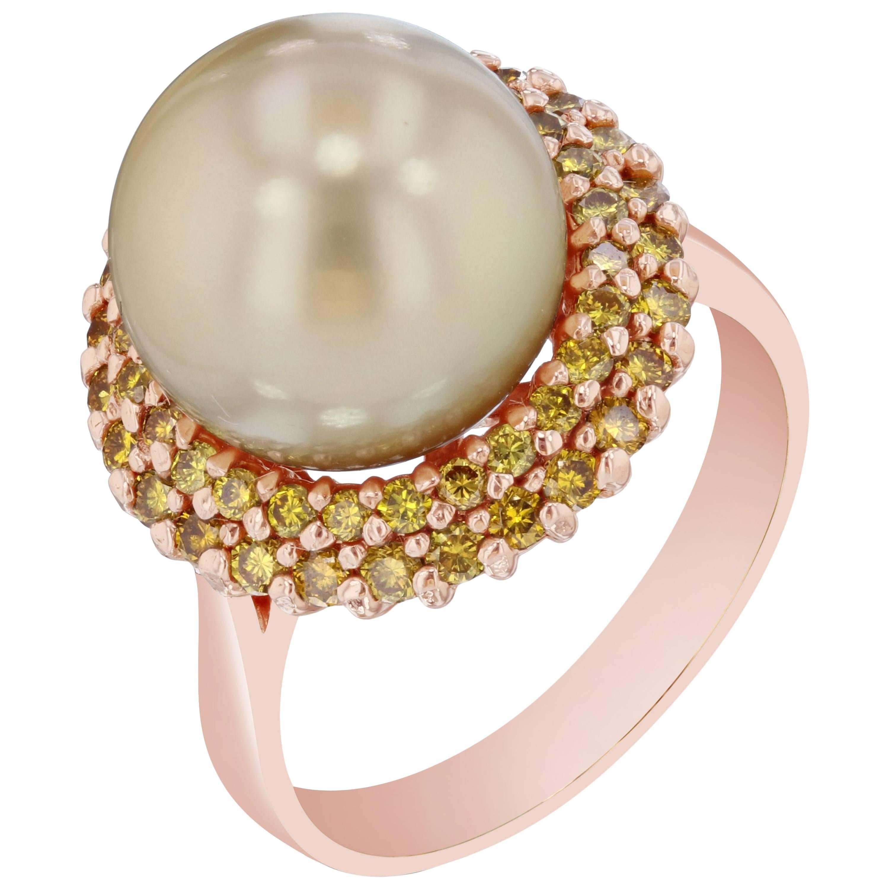 0.82 Carat Golden South Sea Pearl Yellow Diamond Cocktail Ring