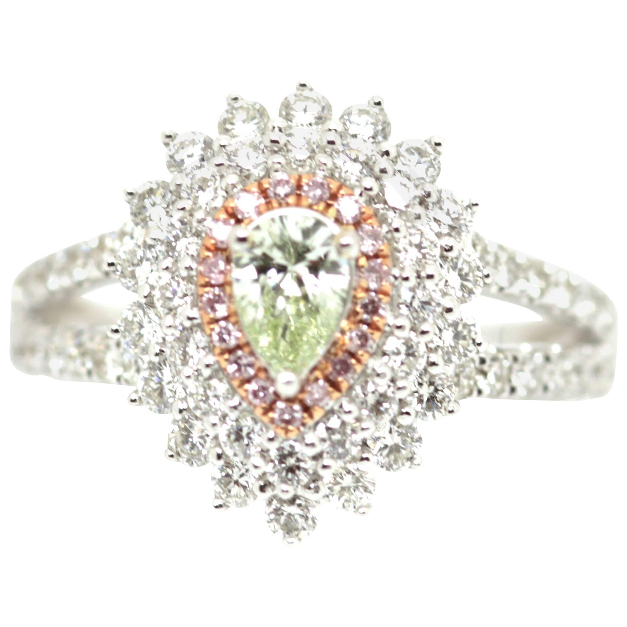 Fancy Light Yellow Green Diamond Pear Gold Engagement Ring For Sale