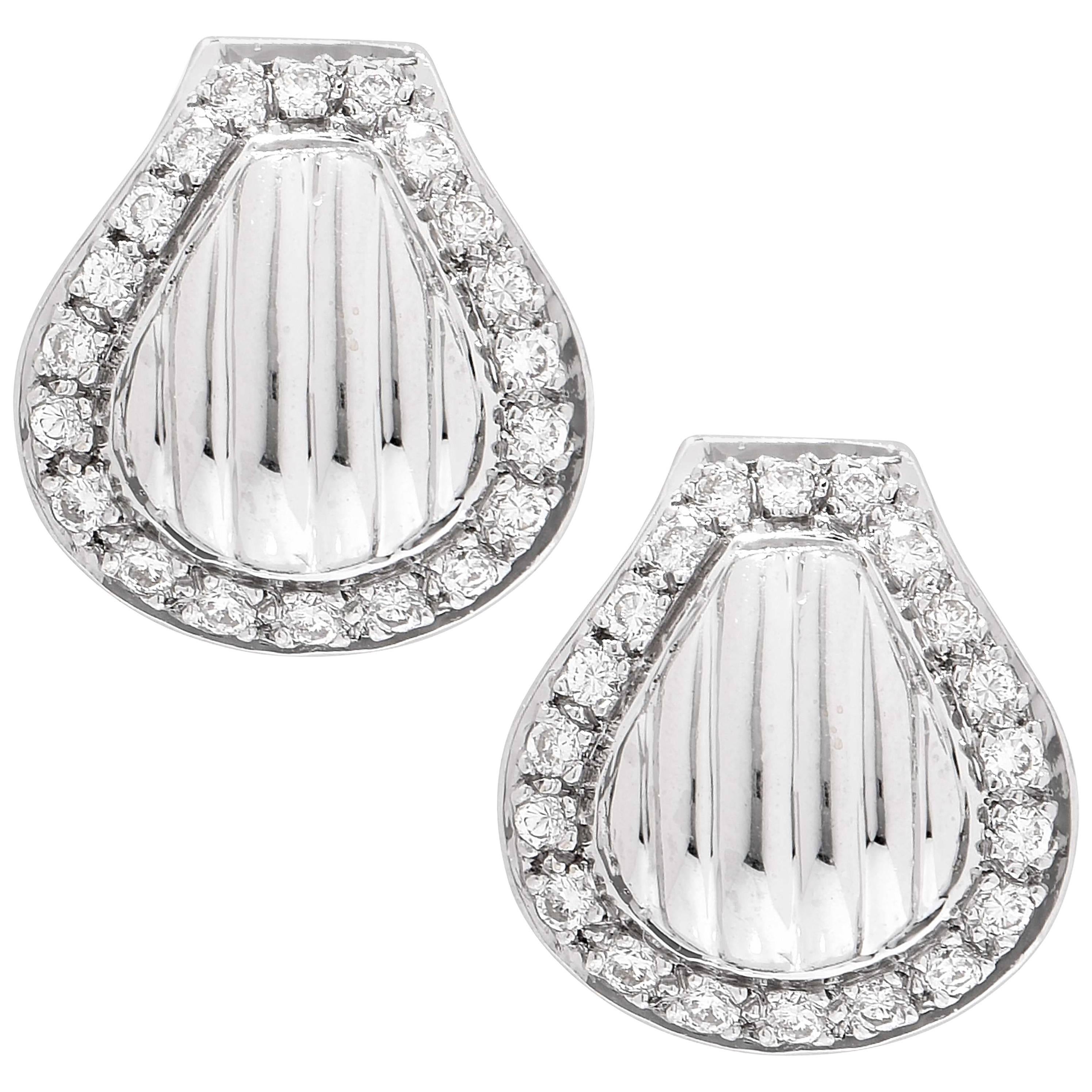 Clam Shell Motif Diamond Clip 18 Karat White Gold Earrings For Sale