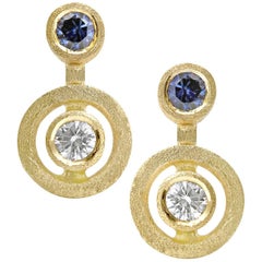 White Diamond Blue Sapphire Satin Gold Handmade Stud Earrings