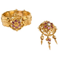 Antique Gold Bangle and Brooch Demi-Parure, France, 19th Century