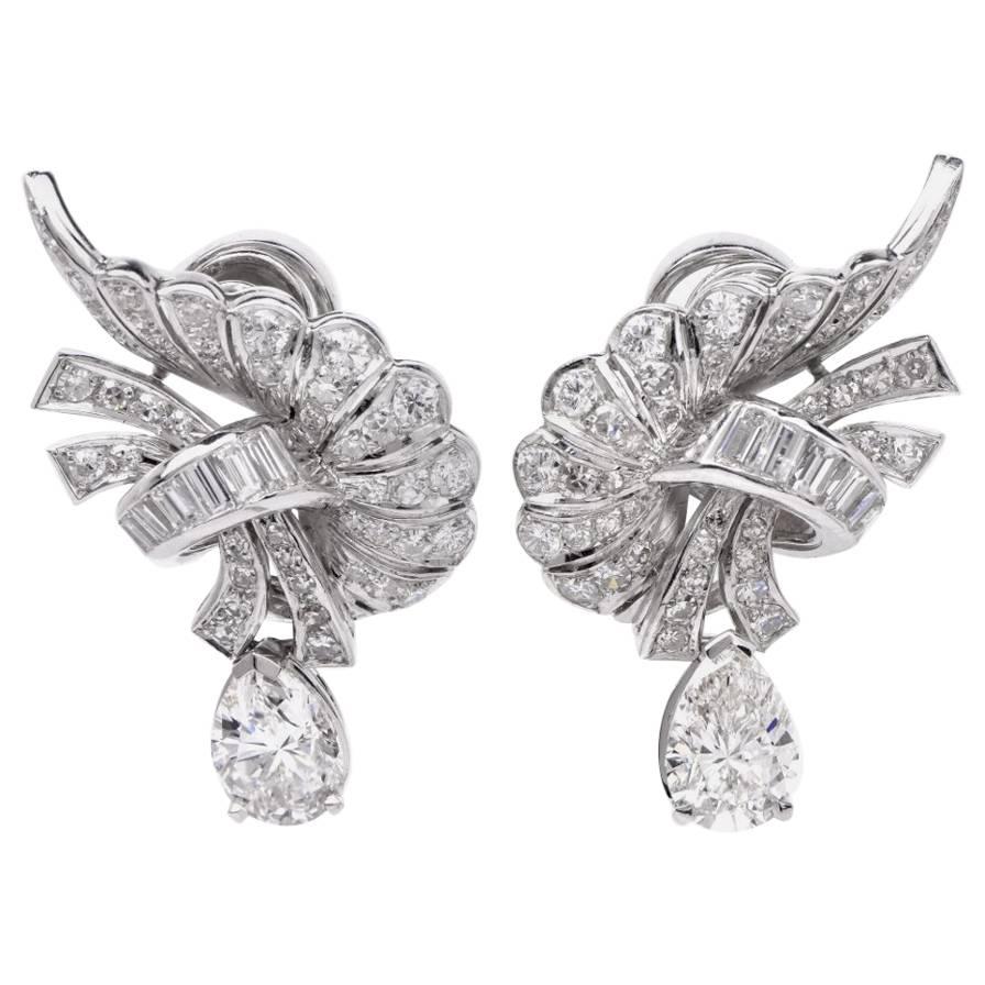 1960s Pear and Baguette Diamond Platinum Clip-Back Earrings