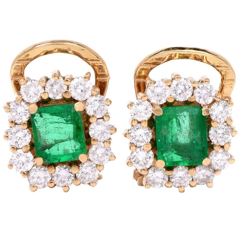 Colombian Emerald Diamond Yellow Gold Clip-Back Stud Earrings For Sale ...