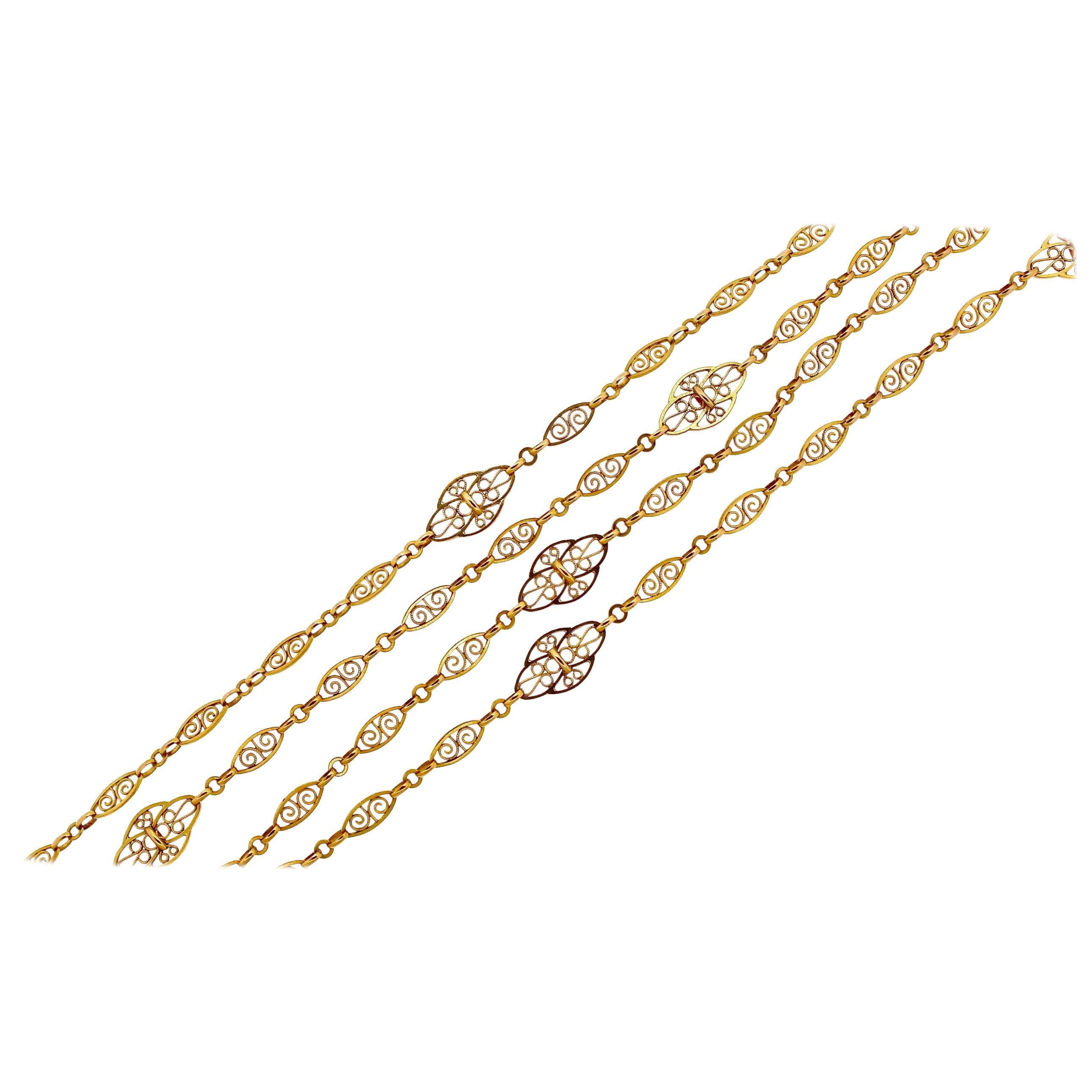 Victorian French 18 Karat Gold Filigree Long Chain