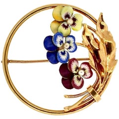 Antique Gold Enamel Pearl Flower Pansy Pin