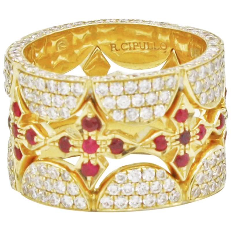 Diamond and Ruby Gold Stacking Rings For Sale