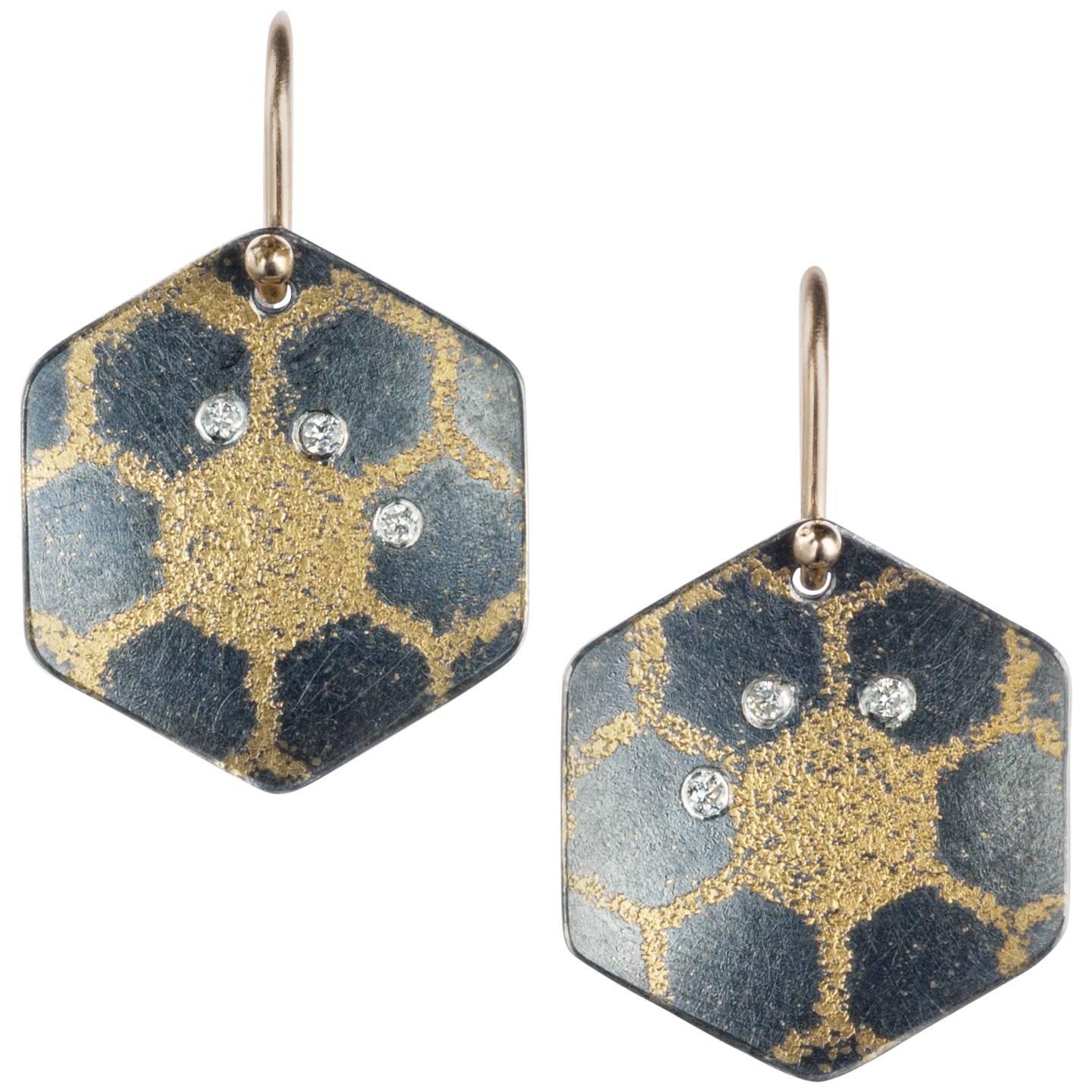 Atelier Zobel Diamond Hexagon Earrings in Oxidized Silver and Yellow Gold