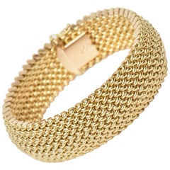 Vintage Italian 14 Karat Gold Chevron Mesh Hallmarked Cuff Bracelet 