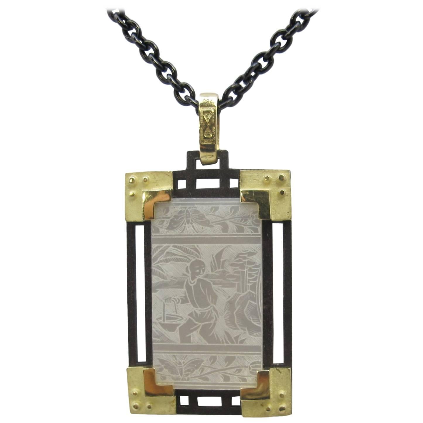 Antique Mother-of-Pearl Gaming Counter 18k Yellow Gold, Silver Pendant Necklace