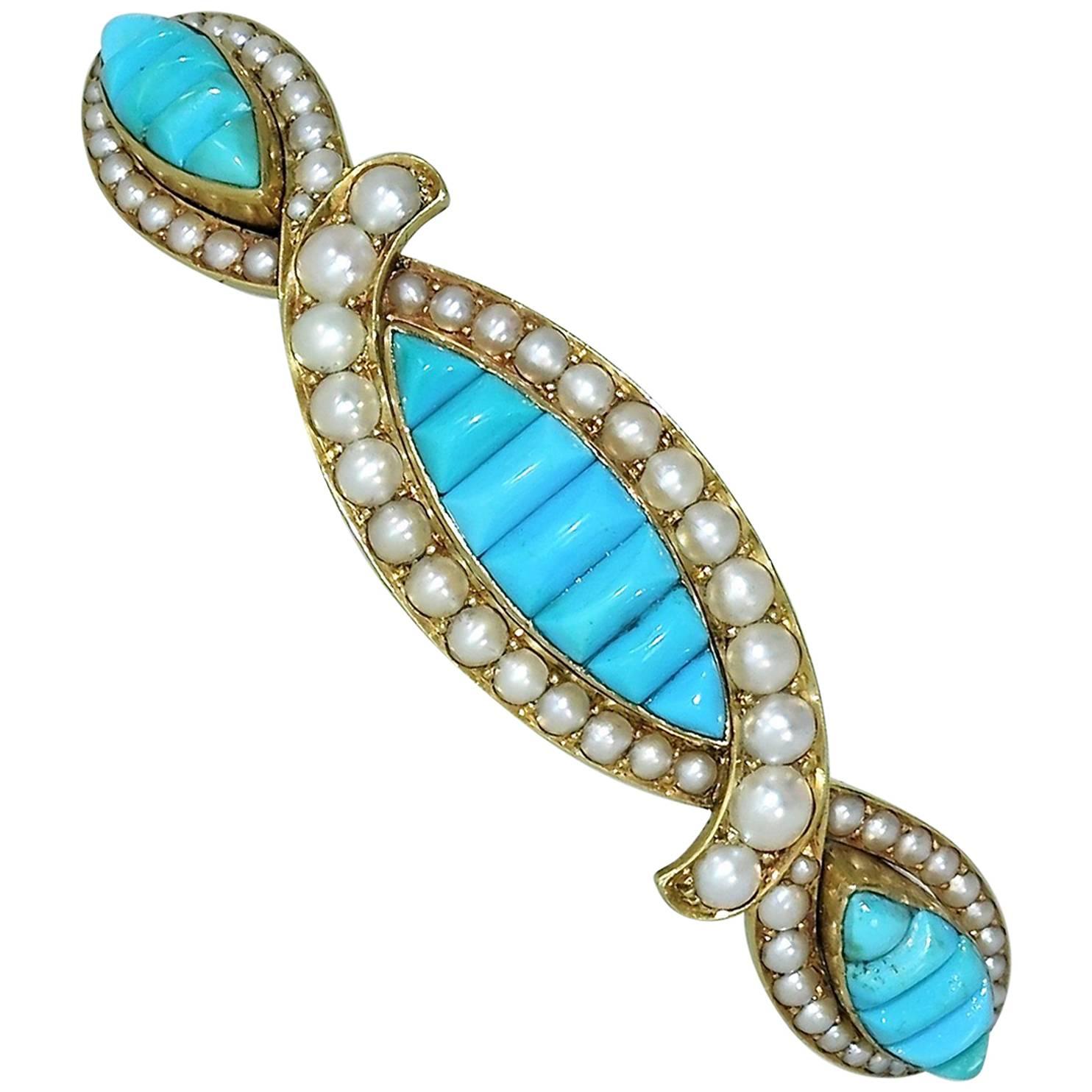 Hair Barrette 19th century natural Persian Turquoise and natural pearls in 
