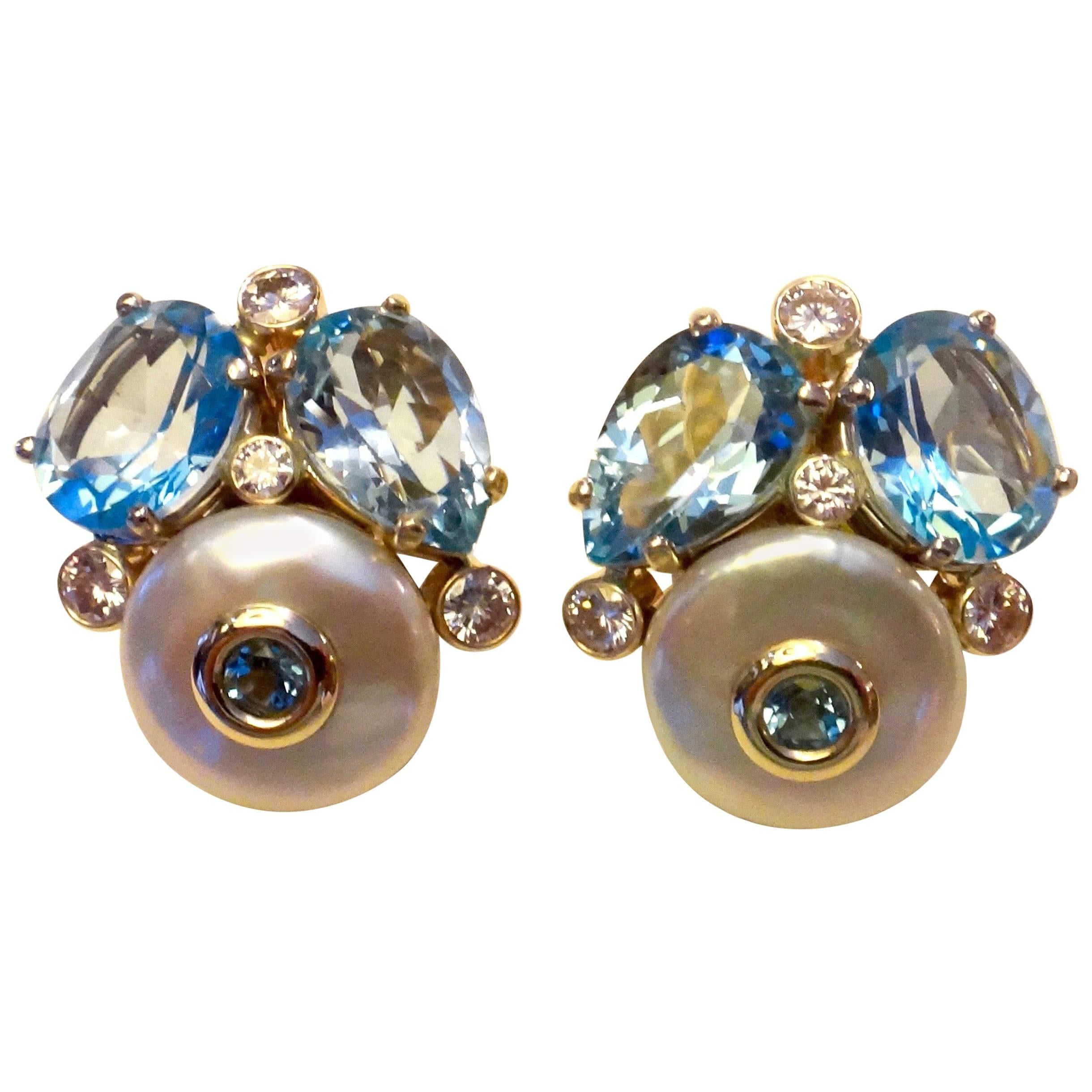 Michael Kneebone Blue Topaz Button Pearl Diamond Confetti Earrings
