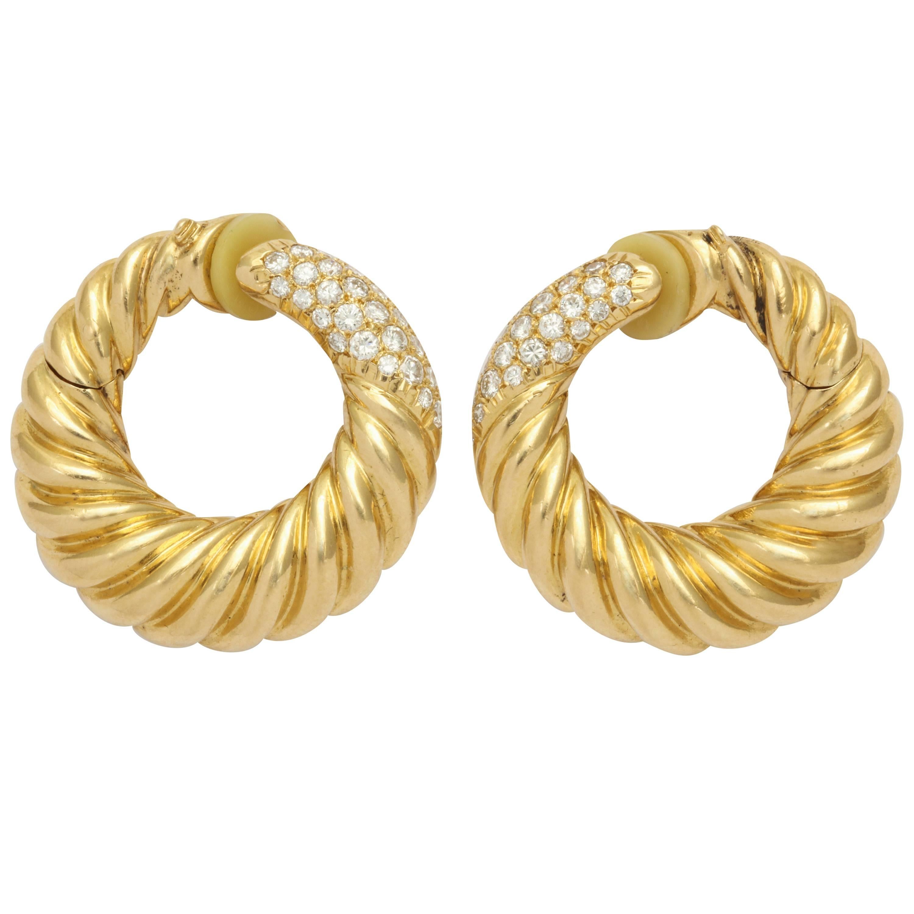 Van Cleef & Arpels Diamond Gold Hoop Earrings with Clips For Sale